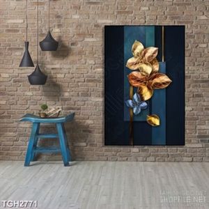 Tranh ghép decor những tán lá màu vàng và xanh lam dán tường