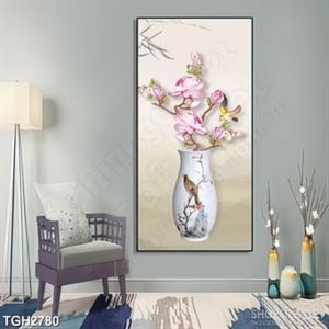 Tranh ghép trang trí chú chim non đậu trên cành in bình hoa