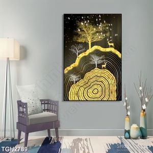 Tranh ghép in uv khu rừng vàng và đàn hươu trong màn đêm