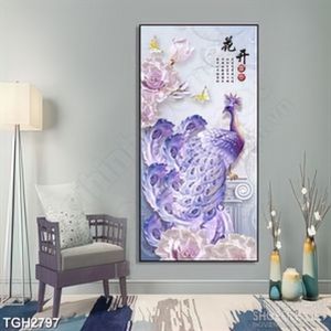 Tranh ghép in uv chú chim công màu tím bên vườn hoa hồng