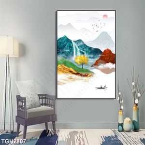 Tranh ghép người lái đò trên dòng sông dưới chân núi in 3d