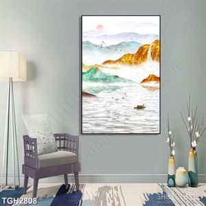 Tranh ghép in canvas những dãy núi ánh vàng bên dòng sông