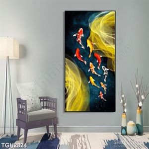 Tranh ghép in canvas đàn cá koi bơi bên làn nước màu vàng