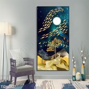 Tranh ghép decor hai chú hươu  trên đồi vàng và đàn chin non