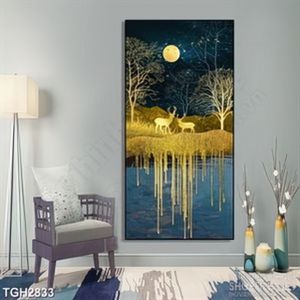 Tranh ghép nghệ thuật hai chú hươu dưới ánh trăng in mặt hồ