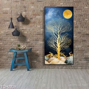 Tranh ghép ánh trăng vàng đang chiếu sáng cả khu rừng in 3d