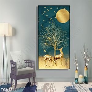 Tranh ghép nghệ thuật hai chú hươu vàng đang nhìn ánh trăng