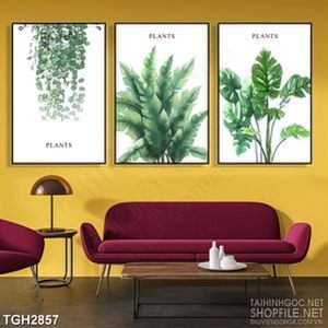 Tranh ghép nghệ thuật những cây lá xanh bên tường trắng
