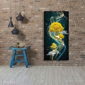 Tranh ghép in uv chú voi khổng lồ và rừng cây lá vàng về đêm