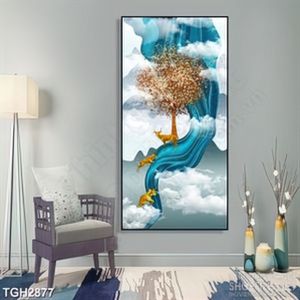 Tranh ghép in uv những chú hươu vàng bên dãi lụa xanh dương