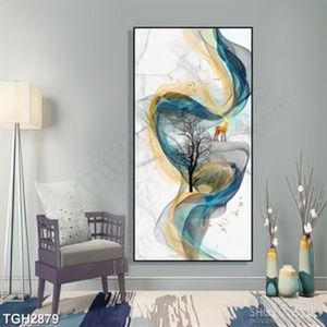 Tranh ghép chú hươu dáp vàng trên đỉnh núi in 3d dán tường