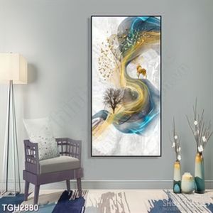 Tranh ghép in canvas đàn chim én vàng bay lượn bên chú hươu
