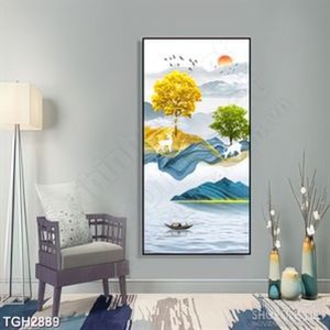 Tranh ghép những dãi màu vàng xanh lơ lững trên hồ trang trí