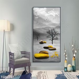 Tranh ghép trang trí viên đá cuội ánh vàng bên đàn hươu
