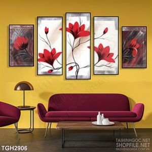 Tranh ghép cành hoa anh đào khoe sắc đỏ in 3d treo tường