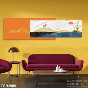 Tranh ghép decor chú hươu lạc bầy cô đơn và rừng hoàng hôn