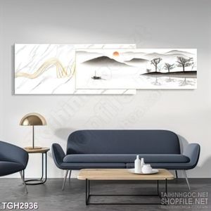 Tranh ghép in canvas ngọn đồi mờ sương trên dòng sông