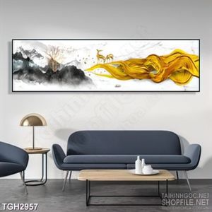 Tranh ghép decor chú hươu đang bước trên dãi lụa vàng