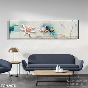 Tranh ghép hoa sen hồng vươn trên mặt hồ yên tĩnh in 3d