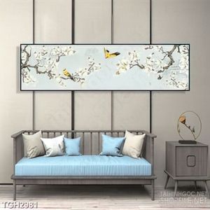 Tranh ghép decor chú chim vành khuyên trên cành hoa đào
