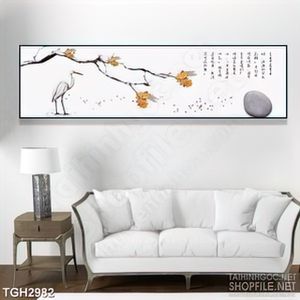 Tranh ghép in uv treo tường chú cò trắng bên cành lá vàng