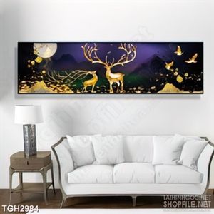 Tranh ghép in canvas chú hươu với cặp sừng dài và đàn chim
