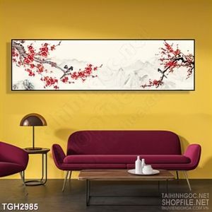 Tranh ghép trang trí chú chim non bên cành hoa đào nở rộ