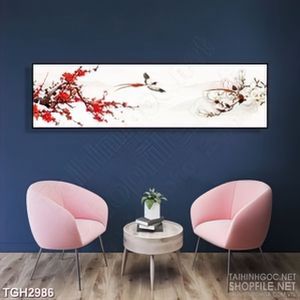 Tranh ghép in 3d chú chim ri bay lượm bên cành hoa đào