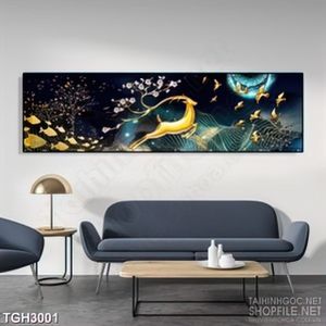 Tranh ghép trang trí chú huơu có sừng hoa và đàn chim non