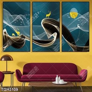 Tranh ghép hươu và núi in kính đẹp