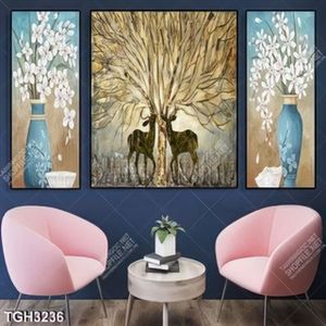 Tranh ghép 3 tấm bình hoa và đôi hươu