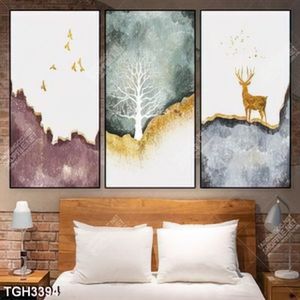 Tranh ghép 3 tấm hươu và núi