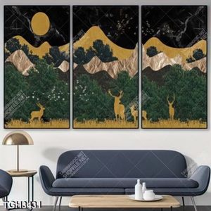 Tranh ghép 3 tấm núi và hươu in kính đẹp