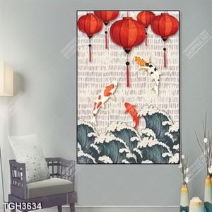 Tranh ghép cá chép Koi và đèn lồng