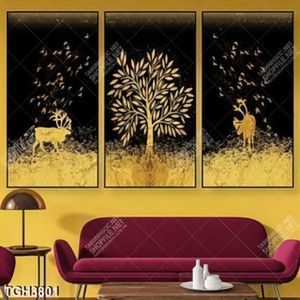 Tranh ghép 3 tấm hươu và cây gold
