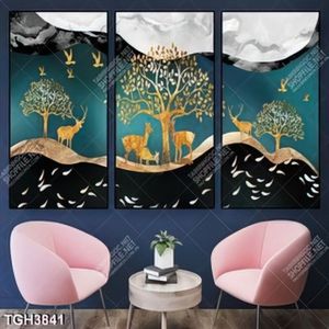 Tranh ghép 3 tấm hươu và cây nghệ thuật
