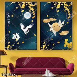 Tranh ghép đôi Hạc dưới ánh trăng khổ dọc