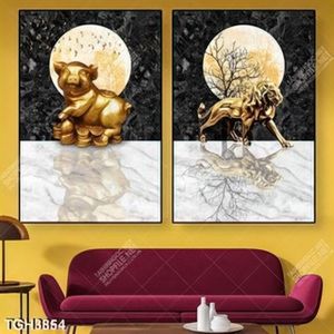 Tranh ghép heo và sư tử vàng