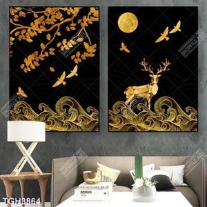 Tranh ghép hươu và sóng biển gold