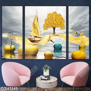 Tranh ghép 3 tấm hươu và thuyền gold