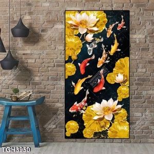 Tranh ghép cửu ngư và sen gold