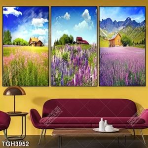 Tranh ghép 3 tấm nhà trên cánh đồng hoa