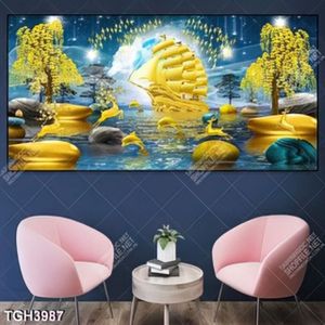 Tranh ghép hươu và thuyền gold trên biển