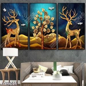 Tranh ghép 3 tấm hươu và cây gold