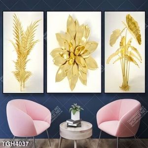 Tranh ghép 3 tấm hoa và lá gold
