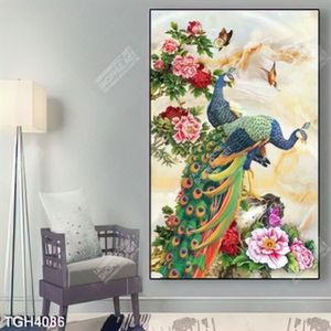 Tranh ghép đôi chim công và hoa mẫu đơn