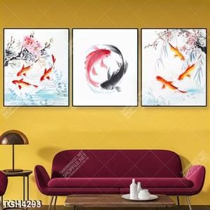 Tranh ghép 3 tấm hoa đào và cá chép