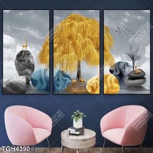 Tranh ghép 3 tấm hươu và cây trên sông