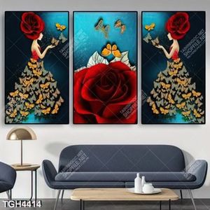 Tranh ghép 3 tấm hoa hồng và quý cô