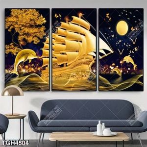 Tranh ghép 3 tấm thuyền và cá heo gold